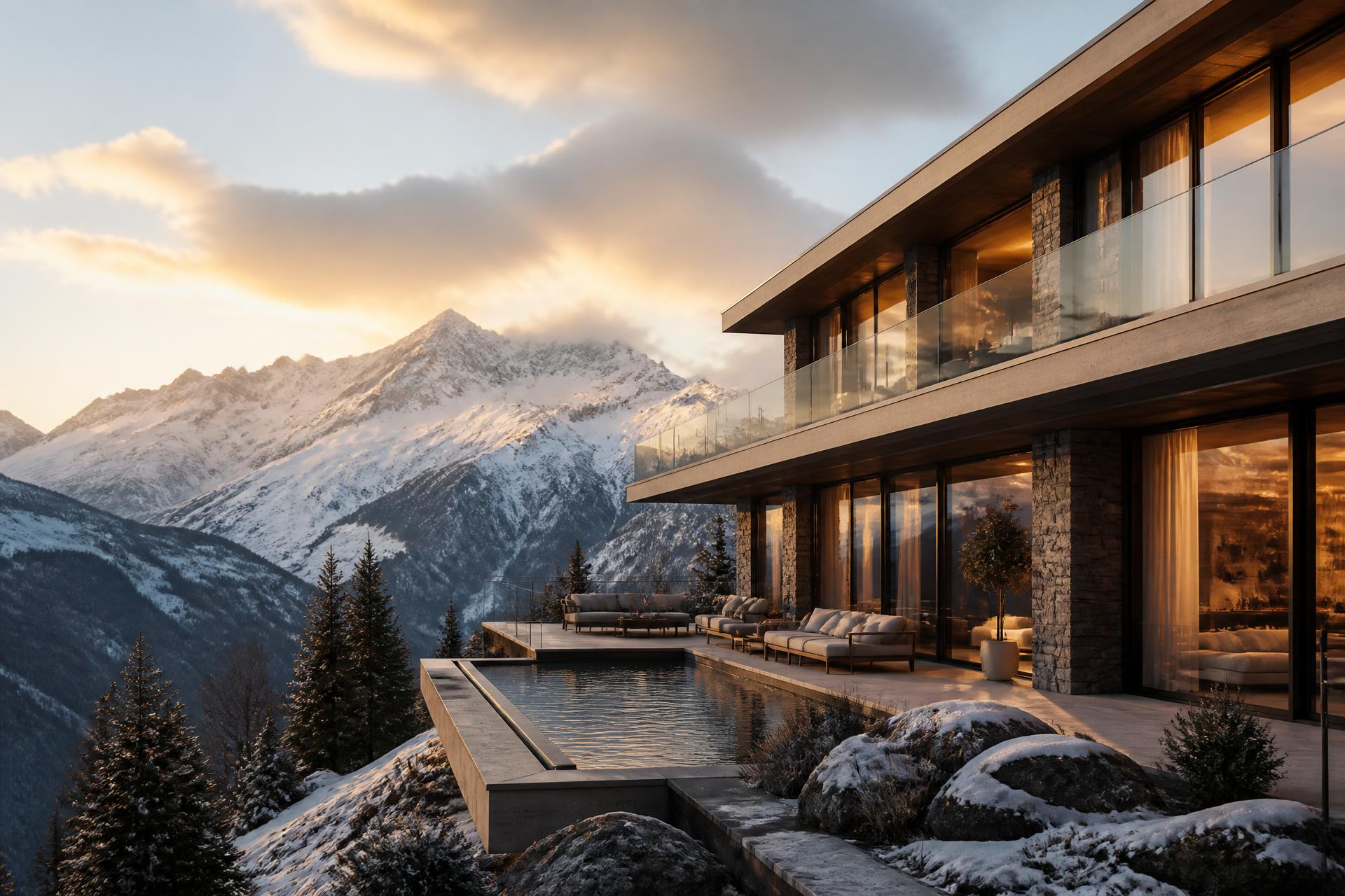 Chalet contemporain dans les Alpes suisses à l'heure dorée