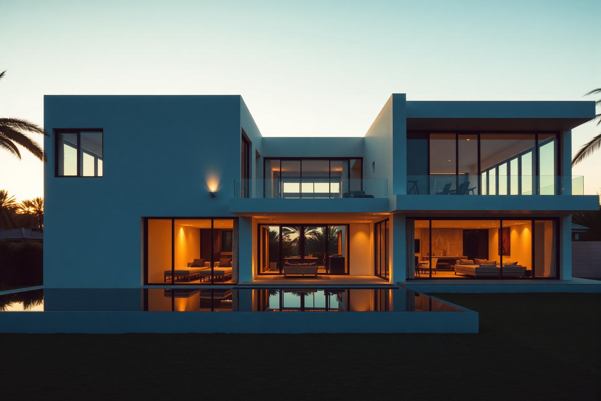 Bien immobilier d'architecture contemporaine au crépuscule